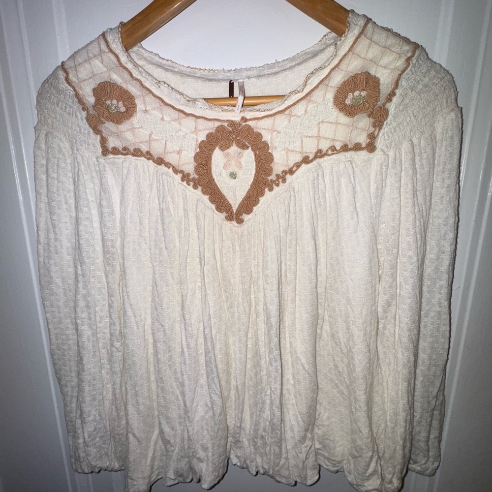 NWOT - Free People Elegant Cream and Brown Embroidered Top